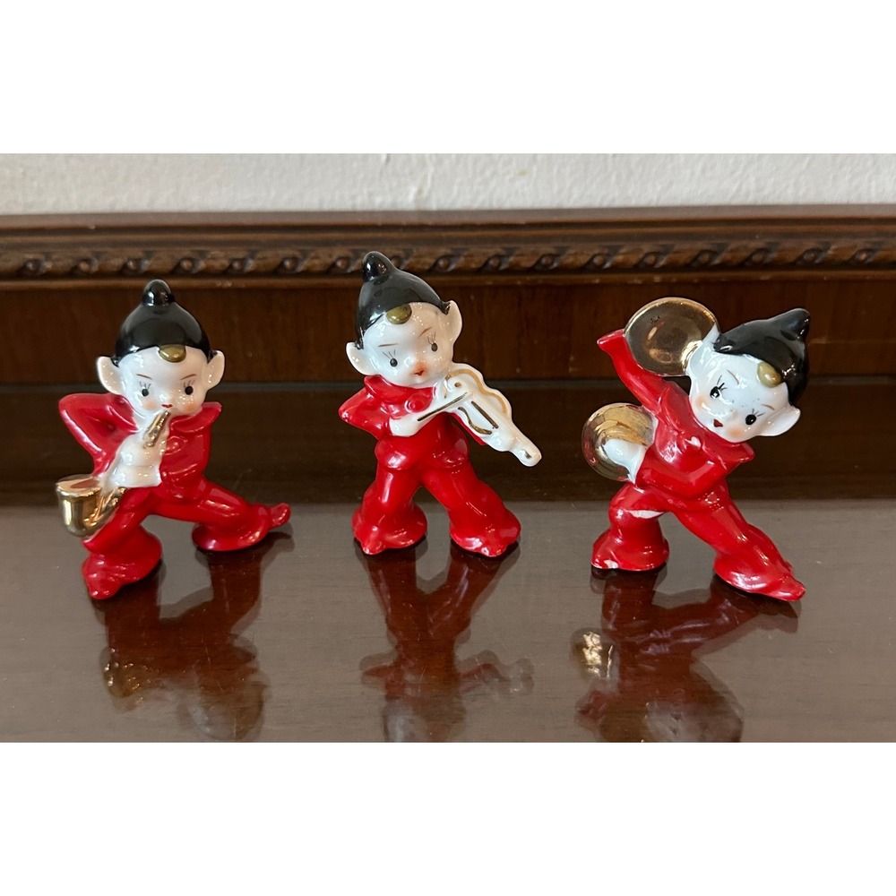 Vintage Red Ceramic Pixie Elf Musician Trio Japan Figurines Set of 3 Mid Century